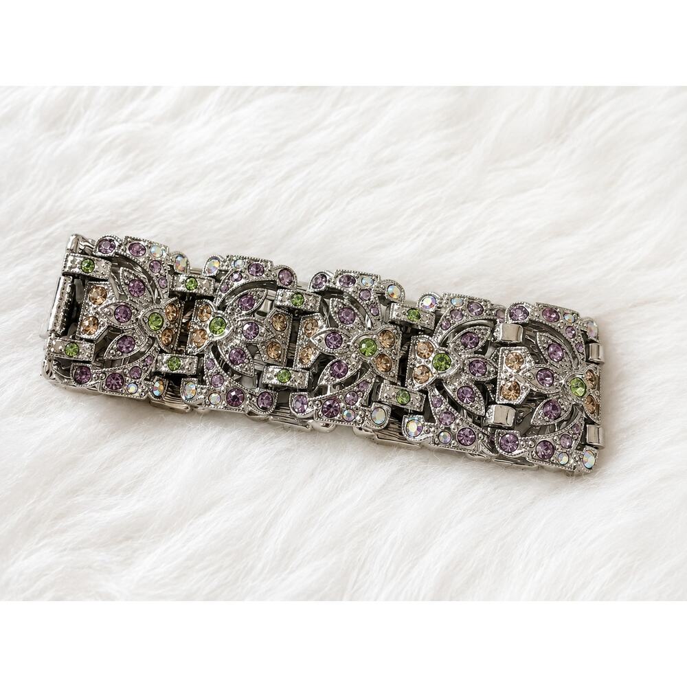 Vintage Art Deco Rhinestone Bracelet Lavender Green AB Crystal Silver Pastel